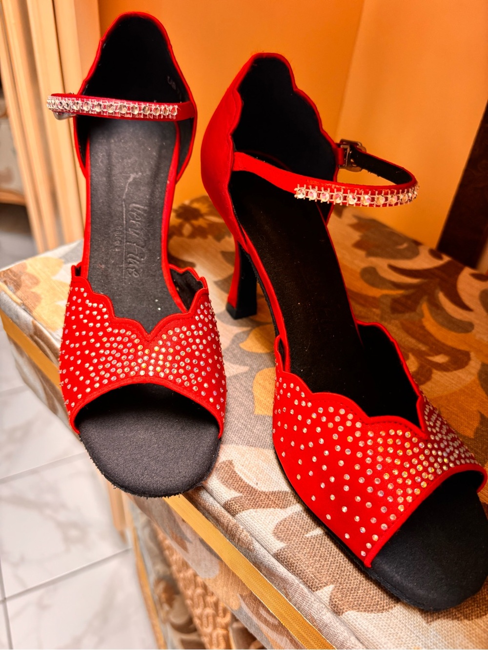 Red Rhinestone  Ankle-Strap Heels suede sole